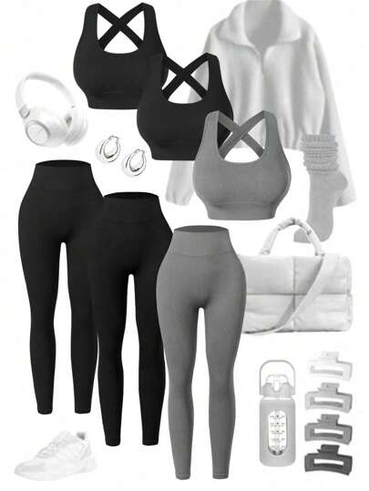 Easithlete 女士运动套装圆领交叉绑带修身高腰罗纹瑜伽裤健身套装女士紧身裤套装健身房女装