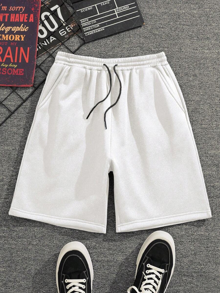 RueChic Men Drawstring Waist Track Shorts - White - View 1