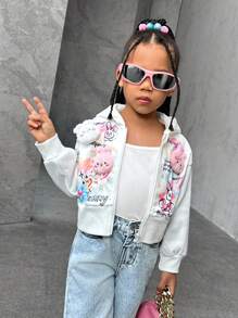 SHEIN Explorewe Áo khoác nỉ có khóa kéo in chữ đồ họa dành cho bé gái, kiểu dáng thường ngày, thích hợp cho các hoạt động ngoài trời, phù hợp cho mùa thu/đông. - Nhiều màu - Xem 4