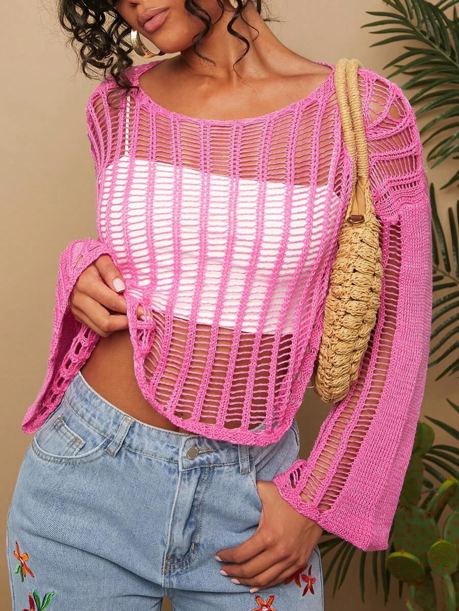Travachic Solid Color Hollow Out Boat Neck Women's Long Sleeve Fall Women Sweaters For Vacation - Hot Pink - View 1