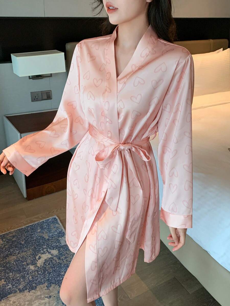 DAZY Satin Heart Printed Lapel Bathrobe - Red - View 1