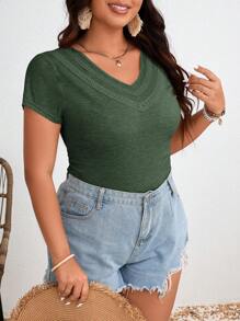 SHEIN Frenchy Plus Size V-Neck Lace Spliced Slim Fit Short Sleeve T-Shirt With Ruffles