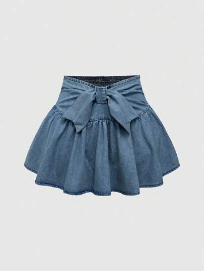 Kawaii Women's Solid Color Waist Belt Denim Ruffle Hem A-Line Skirt, School