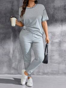 SHEIN Essnce Plus Size cổ tròn lộ đường may áo thun ngắn tay và quần dài - Xám - Xem 5