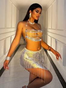 VaVaBold Women's Rhinestone Chain Decorated Skirt For Casual Vacations