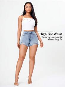 SHEIN EZwear 撕裂破邊牛仔短褲 - 藍色 - 查看 6