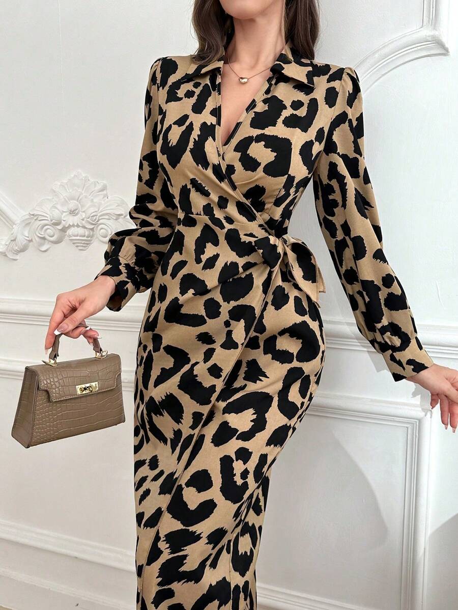 Modelyn Fashionable Leopard Print Wraparound Dress With Tie For Spring And Summer Maxi Women Outfit Long Evening Dresses Fall Cloth For Women - Khaki - View 1