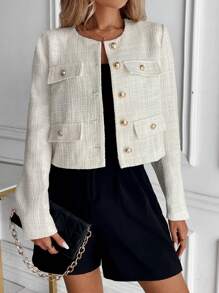 SHEIN Clasi 女裝純色簡約日常穿搭斜紋外套 - 杏色 - 查看 4