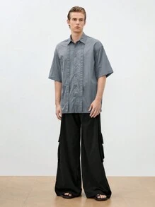 Mainfolk Men's Solid Color Woven Short Sleeve Loose Fit Casual Shirt, Suitable For Summer - Grey - View 7