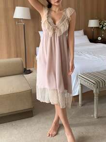 DAZY Romantic Mesh & Lace Patchwork Cami Slip Dress With Ruffled Hemline And Beautiful Back Design Pajama - Pink - View 6