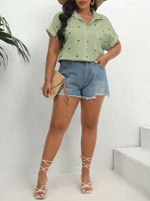 SHEIN VCAY 加心印花蝙蝠袖夏季襯衫 - 綠色 - 查看 4