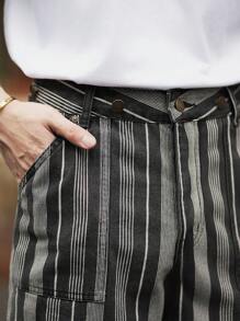 Manfinity Homme American Style Vintage Men's Black Pinstripe Denim Workwear Straight Jeans