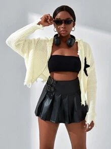 SHEIN Teen Girl Hooded Five-Pointed Star Edge Casual Daily Cardigan Sweater, Suitable For Everyday Wear And School - Green - View 3