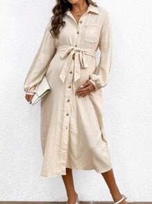 SHEIN Vestido casual de maternidad sólido con botones delanteros y cinturón