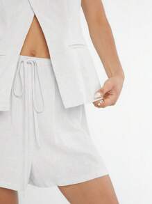 SHEIN EZwear 純色單排扣無袖背心和束腰短褲套裝，夏季 - 白色 - 查看 6