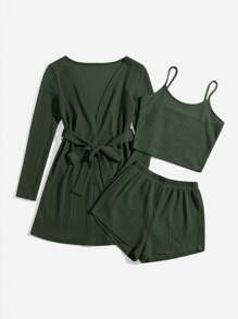 SHEIN 女士纯色极简吊带背心、短裤、系带长袖睡袍休闲舒适套装，秋冬服装 - 墨綠色 - 查看 5