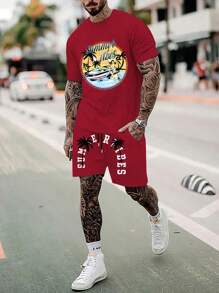 Manfinity RSRT 男士夏季棕櫚樹字母印花圓領短袖休閒T恤和束腰短褲套裝 - 彩色 - 查看 1