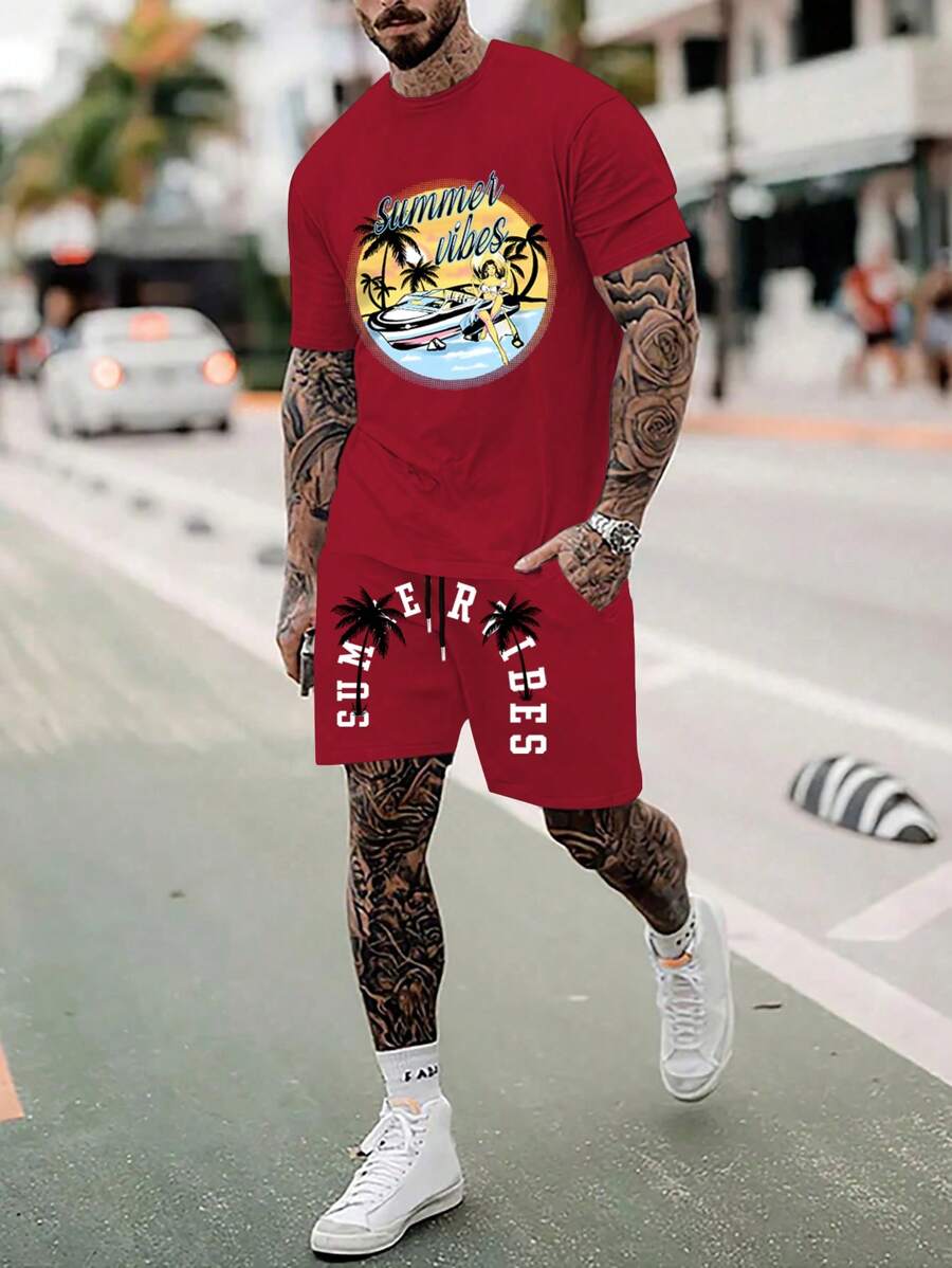 Manfinity RSRT 男士夏季棕櫚樹字母印花圓領短袖休閒T恤和束腰短褲套裝 - 彩色 - 查看 1