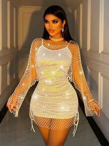 VaVaBold SHEIN SXY Rhinestone Party Mesh Diamond Shining Brilliant Date Romantic Banquet Side Flounce Sleeve Dress