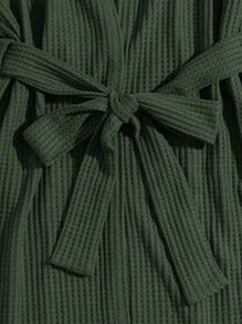 SHEIN 女士纯色极简吊带背心、短裤、系带长袖睡袍休闲舒适套装，秋冬服装 - 墨綠色 - 查看 3