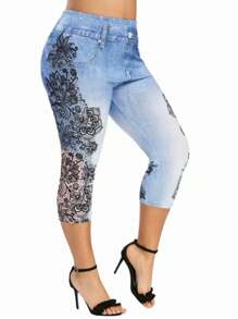 SHEIN Lady Plus Size Blue Denim Effect High Waist Stretchy Leggings Going Out Outfits - Multicolor - View 3