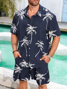 Genlund Plus-Size Men's Botanical Printed Short Sleeve Button-Down Shirt And Pocketed Shorts Casual Two-Piece Set - Multicolor - View 3