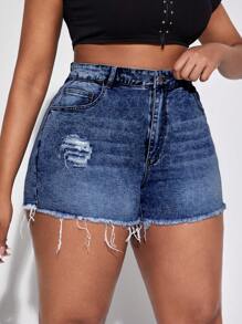 SHEIN SXY Plus Size Frayed Edge Casual Summer Denim Shorts - Blue - View 4