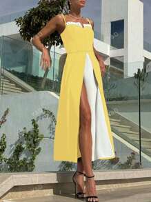 Women's Yellow & White Splicing Spaghetti Strap Sleeveless Summer Dress With Side Slit