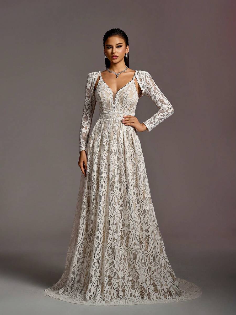 Faeriesty Váy ren thanh lịch hai mảnh màu trắng trang trọng cho tiệc tối dự tiệc cưới, tốt nghiệp, tiệc tối