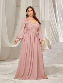 Faeriesty Váy dạ hội trang trọng cỡ lớn dành cho nữ Curve với đường viền cổ hình trái tim thanh lịch, tay áo đèn lồng lãng mạn và chân váy chữ A bồng bềnh dành cho đám cưới, tiệc tối, lễ trao giải và sự kiện giao hưởng - Bụi hồng - Xem 3