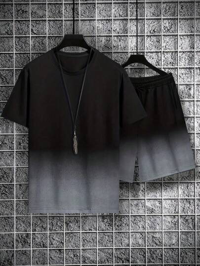 Plus Size Men's Ombre Short Sleeve T-Shirt And Shorts Set, Casual & Versatile