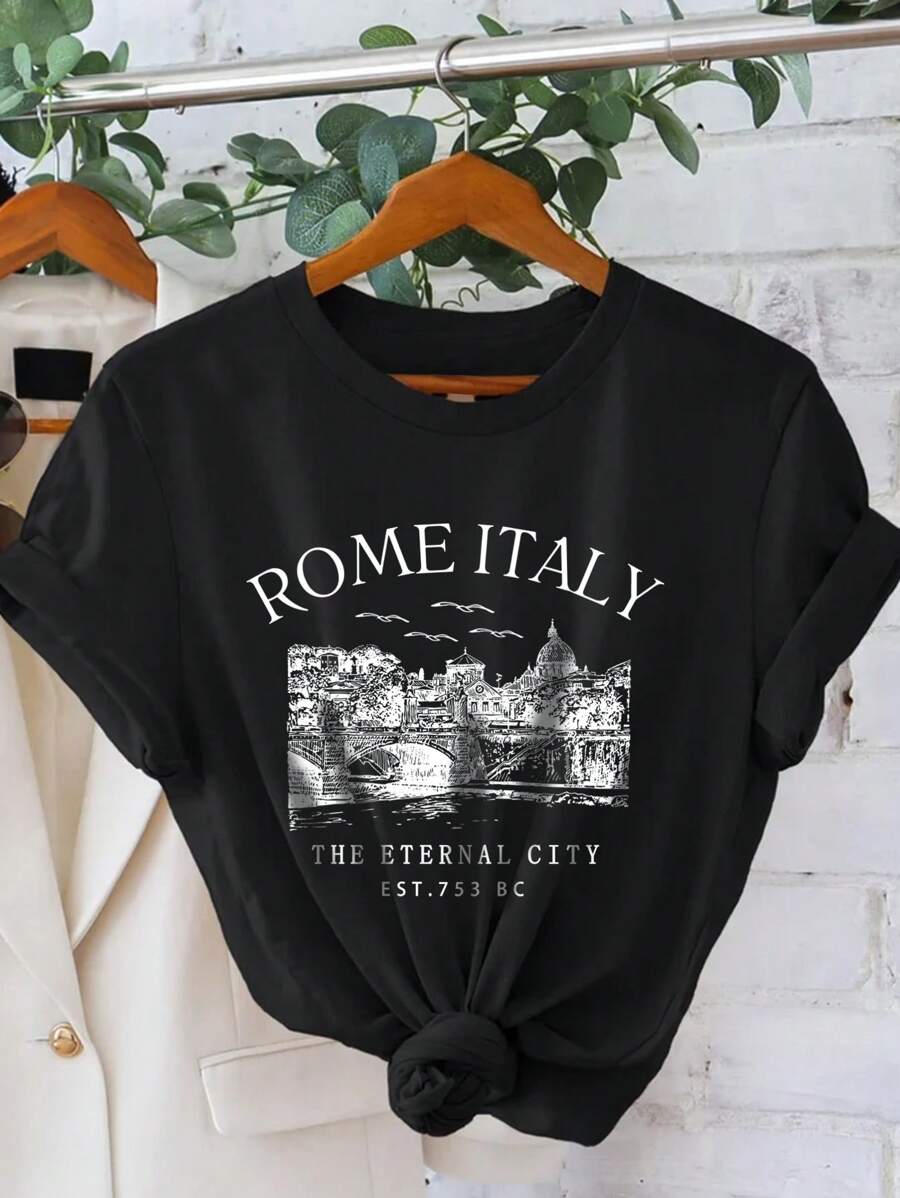 INAWLY Áo phông Ý Skyline dành cho nữ, có logo Rome, áo phông cổ tròn tay ngắn thường ngày ROME ITALY THÀNH PHỐ VĨNH CỬU EST 753 BC Áo phông họa tiết dành cho nữ - màu đen - Xem 1