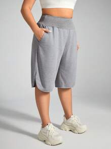SHEIN Daily&Casual Plus Lightweight Slant Pockets Curved Hem Sports Shorts - Light Grey - View 3