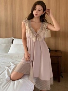 DAZY Romantic Mesh & Lace Patchwork Cami Slip Dress With Ruffled Hemline And Beautiful Back Design Pajama - Pink - View 7