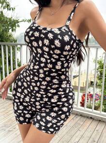 SHEIN EZwear Plus Size Women All-Over Print Strap Jumpsuit, Casual Summer - Multicolor - View 3