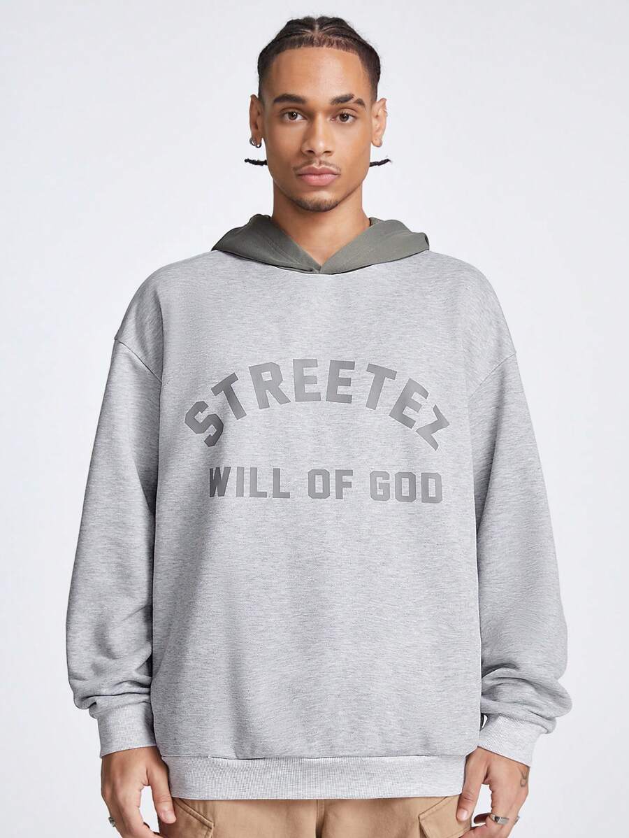 Manfinity VCAY 男士宽松长袖时尚外出连帽衫，印有英文字母，适合秋冬送给朋友 - 淺灰色 - 查看 1