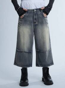 Manfinity Roghcode Y2K Vintage Men's Light Blue Retro Two-Tone Denim Shorts JORTS - Teal Blue - View 5