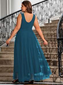 Allurite 大码女式仿珍珠装饰无袖网眼下摆拼接优雅婚纱