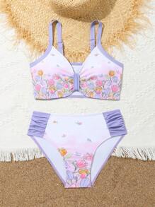 Teen Girl Separated Bikini Set, Spaghetti Strap Open Back Ruched Top And Floral Printed Bottoms Summer Beach - Multicolor - View 3