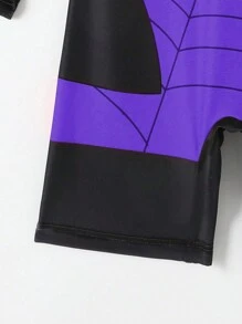 Young Boy Spider Printed Color Blocking Round Neck One Piece Swimsuit With Swimming Cap - Multicolor - View 3