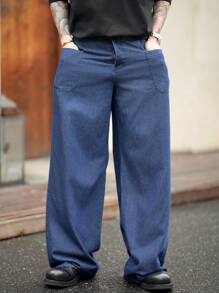 Manfinity Homme Men's Vintage American Casual Dark Blue Indigo Loose Wide Leg Denim Jeans