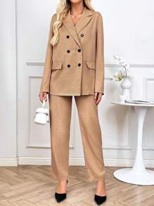 Chiquease Conjunto de traje de chaqueta con solapa plana, botones frontales, falsos bolsillos y pantalones de vestir de manga larga