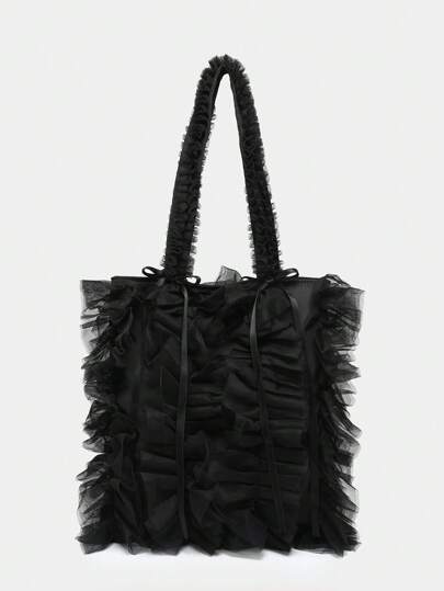 Kawaii Women's Vintage Holiday Style Mesh Black Tote Bag With Ruffle Trim And Bowknot, Large Capacity