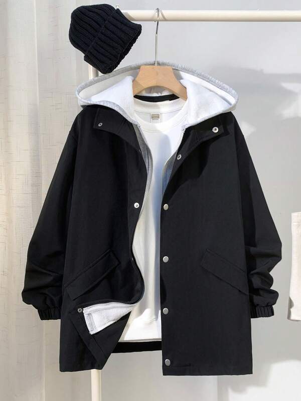 SHEIN Teen Boys' Casual Hooded Thermal Lined Hoodie, Color Block Splicing, Black Pocket, Mid-Length Long Sleeve Jacket For Autumn/Winter, Warm And Versatile, Suitable For College/School, Home Wear, Outdoors And Daily Casual Sports