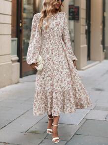 SHEIN Clasi Women's Round Neck Ditsy Floral Long Sleeve Holiday Dress Maxi Women Outfit