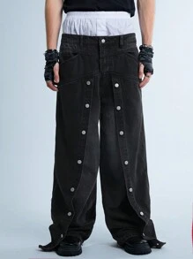 Manfinity Denimwave Jeans de mezclilla negra de pierna ancha para hombre con estilo retro callejero Y2K, diseño de parches especiales y botones, pantalones vaqueros holgados