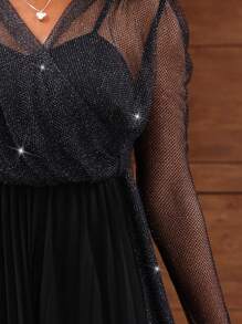 SHEIN Lady Elegant Shiny Textured Mesh & Chiffon Pleated 2 In 1 Jumpsuit For Women's Party - Black - View 3