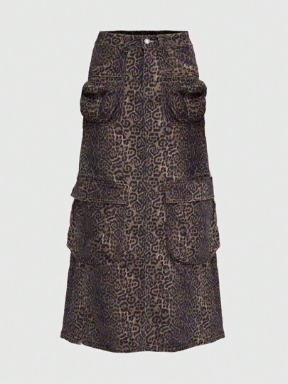 Goth Jupe en denim à poches à rabat à imprimé léopard