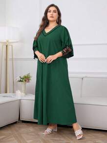 Al Najma Plus Size Women Summer Casual Embroidery Mesh Decorated Arabian Long Modest Long Sleeve Dress, Kaftan - Green - View 5