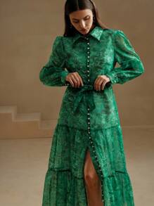 Anewsta Vestido camisero largo y elegante con cintura ajustada, de diseño semitransparente con estampado de lino tipo vacacional, para mujer - Verde - Ver 7